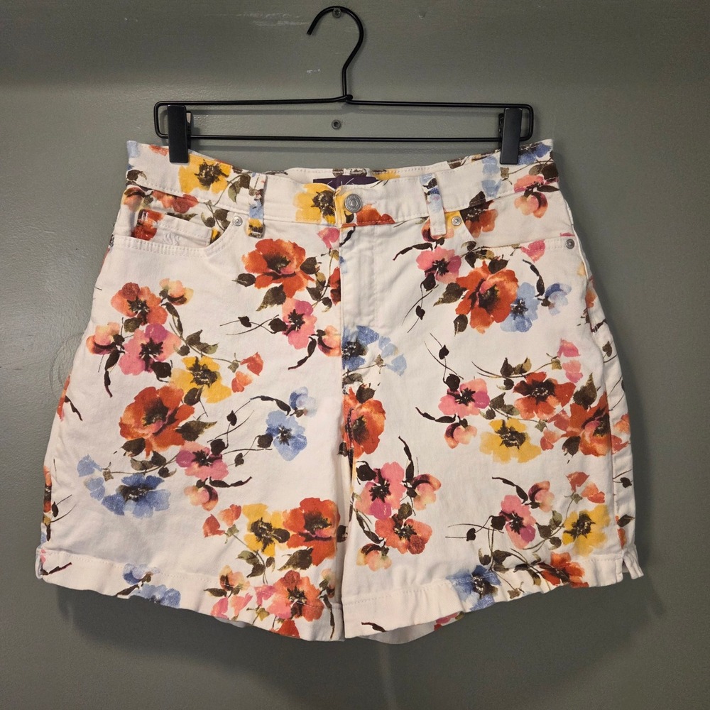 Gloria Vanderbilt Amanda Floral Print Jean Shorts Size‎ 14 White Multi High Rise